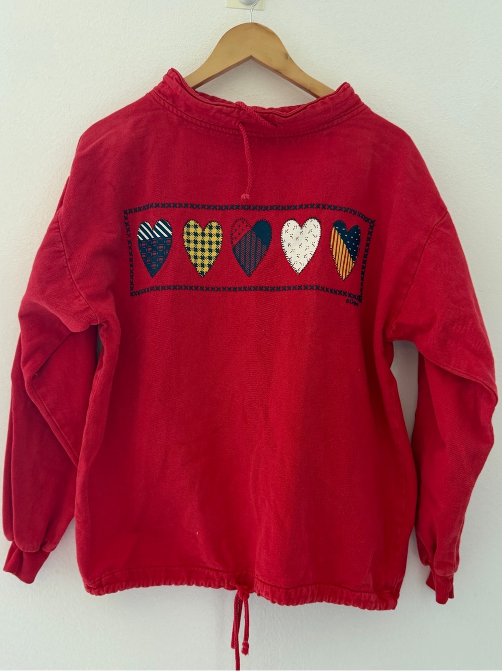 Vintage 90s Frabjous Originals Red Heart Patchwork Sweatshirt Drawstring M